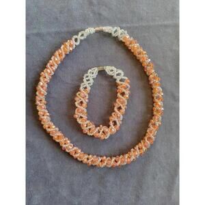 Orange And Clear Beaded Necklace And Bracelet Set